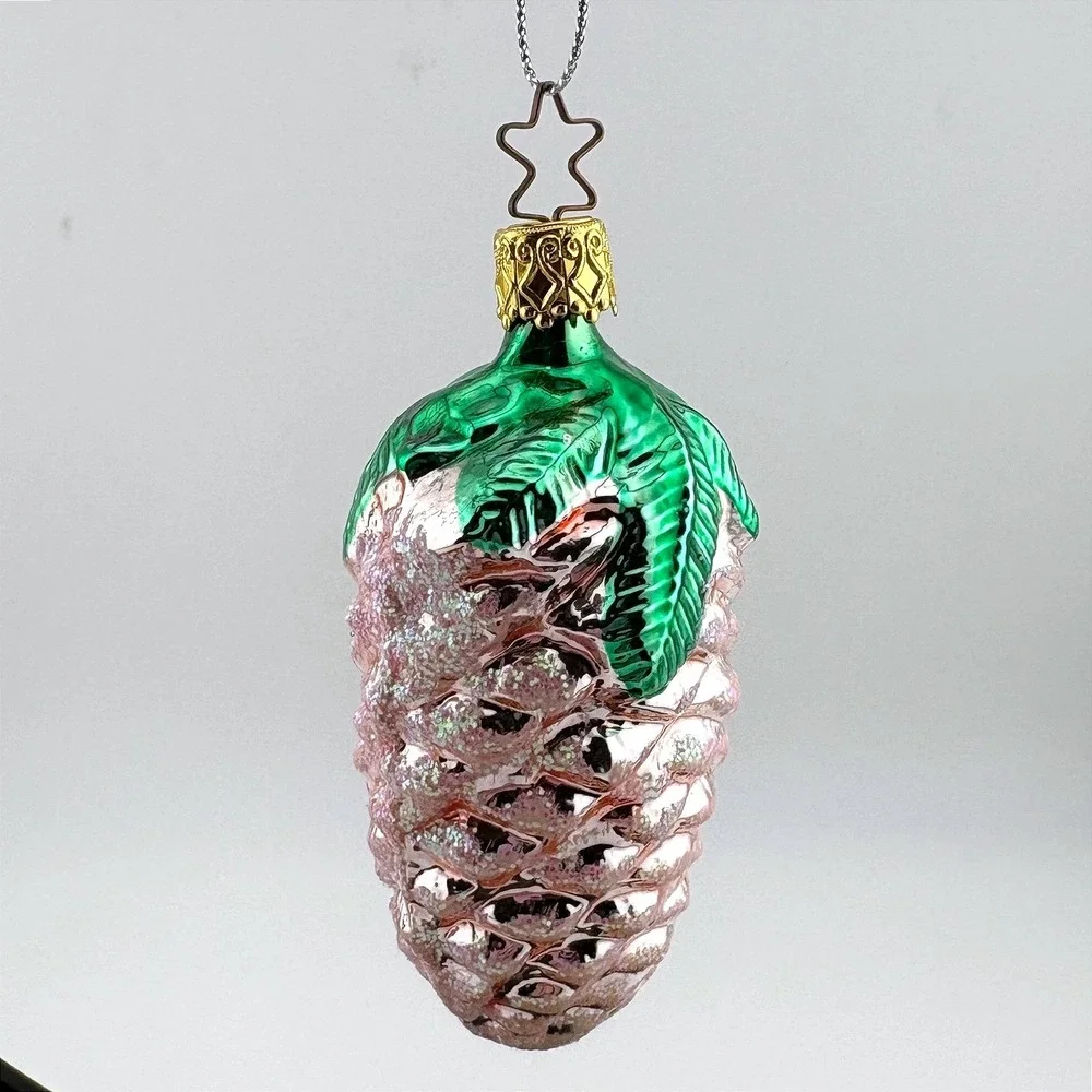 Pink Glass Pinecone Christmas Ornament Green Leaves Glitter Star Hanger Kitsch